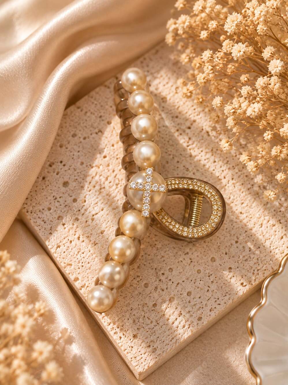 Romantic Pearlcore Champagne Pearl Claw Clip Rhinestone Cross Hair Accessory